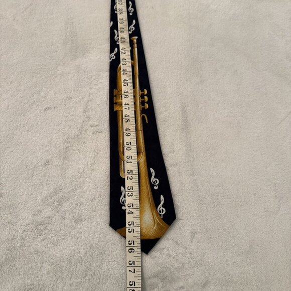 Florence Ltd Silk Necktie Navy White Clefs & Golden Musical Horn Tie - Picture 5 of 5